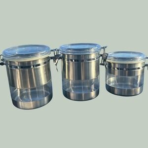 3 Crate & Barrel Stainless Steel Clip Airtight Canister‎ 2- 48 Oz 1-32 Oz Size